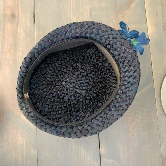 Vintage Blue Straw Hat Floral Accent Union Made